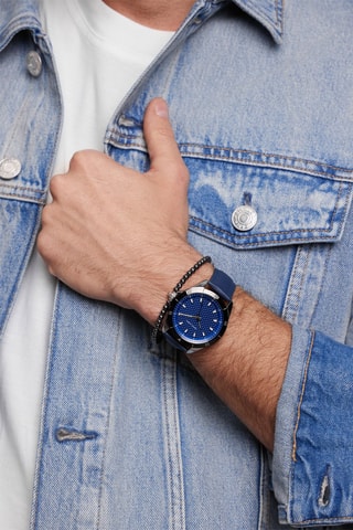 Reloj de cuarzo de piel Valletta - Azul y negro