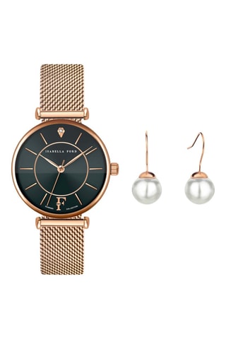 Estuche reloj de cuarzo de acero, diamante y pendientes y perlas finas Portia