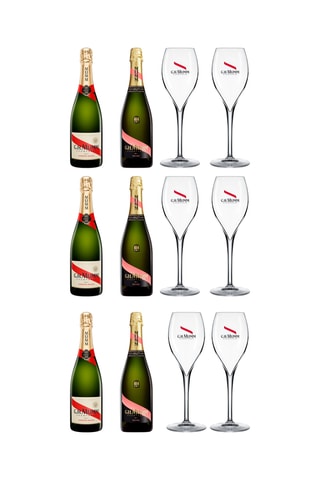 3 x Champagne Cordon Rouge Brut - 75 cl, 3 x Champagne Brut Le Rosé - G.H Mumm - 75 cl et 12 flûtes à champagne - 15 cl