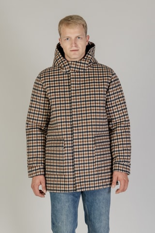 Manteau à capuche en laine - Marron, beige et bleu foncé