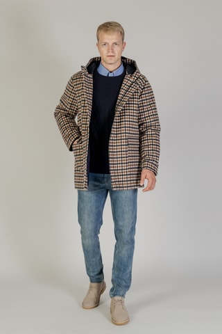 Manteau à capuche en laine - Marron, beige et bleu foncé