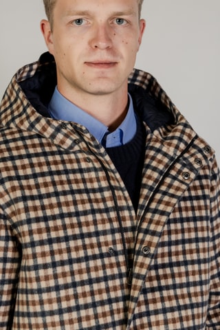Manteau à capuche en laine - Marron, beige et bleu foncé