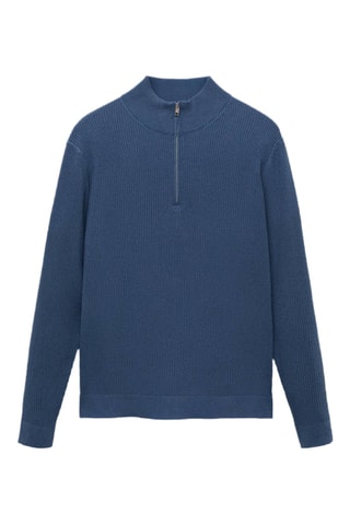 Pull-over maille côtelée col zippé - Bleu