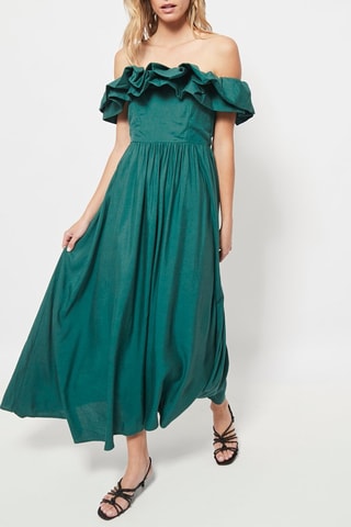 Vestido comprido em linho Verde-escuro