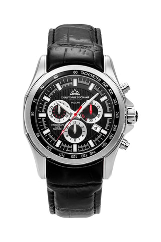Montre à quartz en cuir Volcan - Tachymètre et chronographe - Noir et argenté