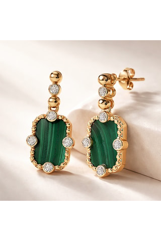 Boucles d’oreilles dorées à l’or fin jaune Art Déco - Malachites