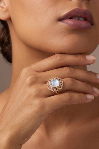 Anello - Placcato oro giallo, ametiste e pietra di luna