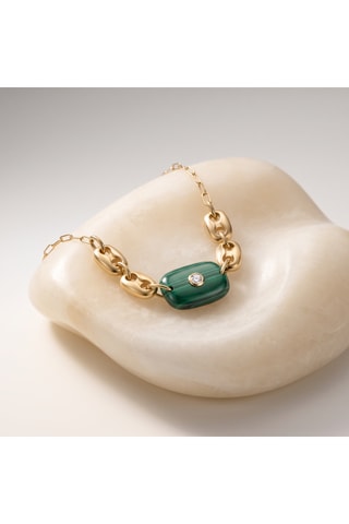 Collier - Plaqué or jaune, malachite et zirconium