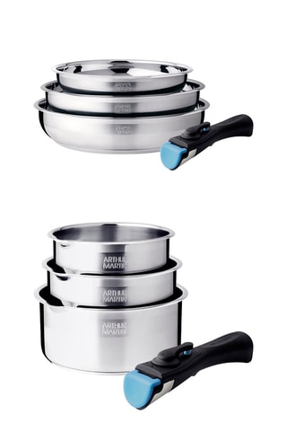 3 poêles et 3 casseroles en acier inoxydable avec poignée amovible - 20/24/26 et 16/18/20 cm