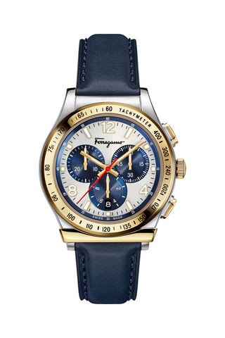 Montre à quartz en cuir de veau - Chronographe et tachymètre - Bleu et doré