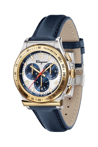 Montre à quartz en cuir de veau - Chronographe et tachymètre - Bleu et doré