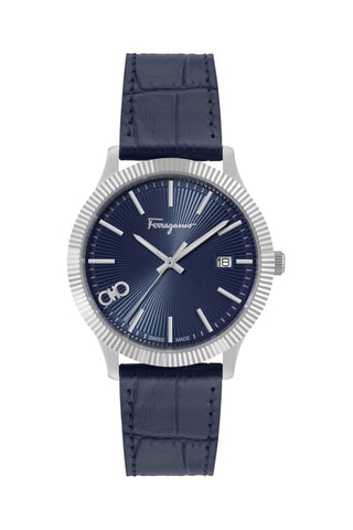 Montre à quartz en cuir de veau - Bleu et argenté