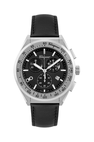 Montre à quartz en cuir - Chronographe - Noir et argenté