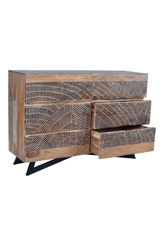 Commode 6 tiroirs - Naturel et noir - Structure en acacia - 125 x 86 x 40 cm