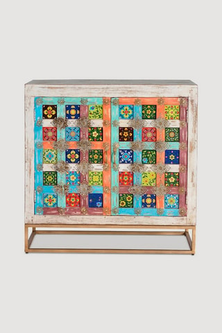 Buffet 2 portes en manguier et céramique - 90 x 90 x 40 cm