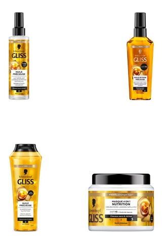 Shampoing Huile Précieuse Gliss - Cheveux secs et rêches - 250 ml, Masque 4-en-1 Nutrition Gliss - Cheveux secs et rêches - 400 ml, 	Lait démêlant Express Huile Précieuse Gliss - 200 ml et 	Elixir Huile de Soin Précieuse Gliss - Cheveux secs et très abimé