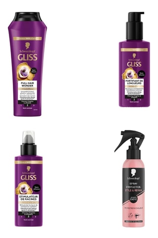 Routine Reconstruction - Shampoing Gliss Effet Densité Schwarzkopf - 250 ml, Stimulateur de racines Gliss Schwarzkopf - 100 ml, Fortifiant de longueurs Gliss Schwarzkopf - 100 ml, Spray Protection 230 °C Style & Repair Schwarzkopf - 150 ml