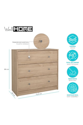 Commode 3 tiroirs en bois - 72,4 x 68,3 x 30,1 cm