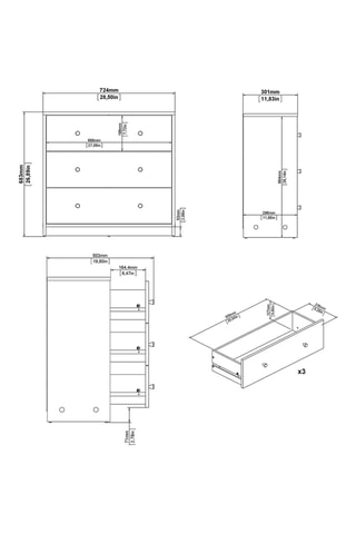 Commode 3 tiroirs en bois - 72,4 x 68,3 x 30,1 cm