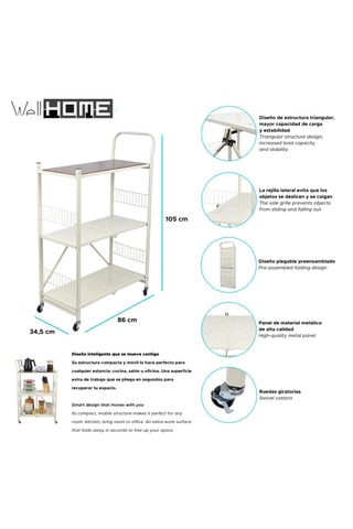 Rack de rangement pliable à roulettes 3 niveaux - 86 x 105 x 34,5 cm