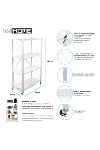 Etagère pliable à roulettes 4 niveaux - 71 x 125 x 34 cm