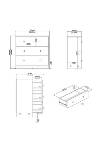 Commode 3 tiroirs en bois - 72,4 x 68,3 x 30,1 cm