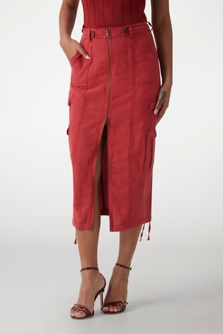 Jupe midi en lin taille haute - Rouge