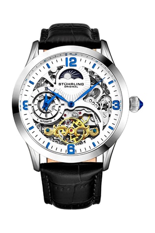 Montre automatique en cuir Legacy Stührling - Fonction GMT - Noir et argenté