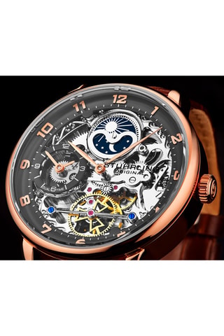 Montre automatique en cuir - Chronographe et indicateurs des phases de la lune - Marron et doré rose