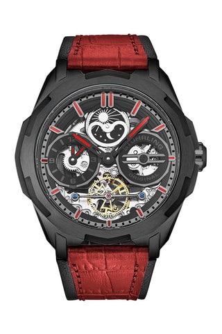 Montre automatique en cuir Navigator - GMT, chronographe - Rouge et noir