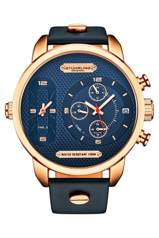 Montre à quartz en cuir - Bleu et doré rose