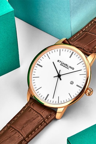 Montre à quartz en cuir Symphony - Marron et doré rose