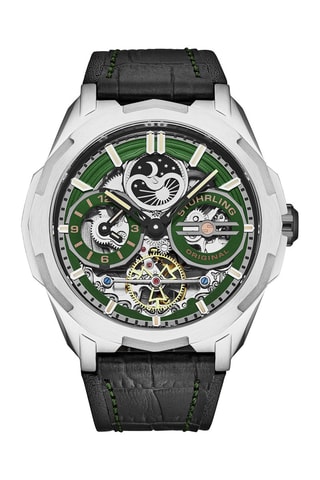 Montre automatique en cuir Aviator - Fonction GMT - Noir, argenté et vert