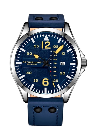 Montre à quartz en cuir - Indicateur de date - Bleu