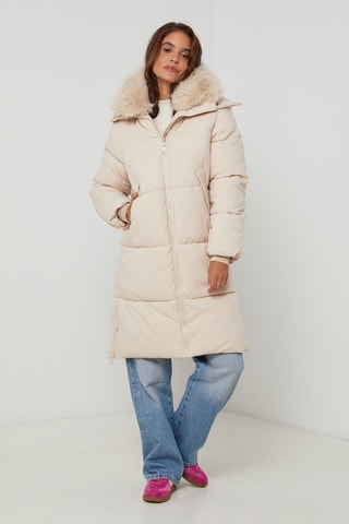 Doudoune longue droite à capuche - Beige