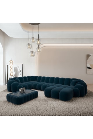 Canapé d'angle droit panoramique Donda - Bleu foncé - 7 places - En tissu velours
