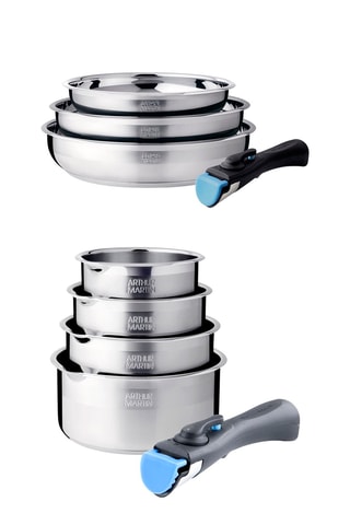 3 sartenes y 3 cazos de acero inoxidable con mango extraíble - 20/24/26 y 14/16/18/20 cm