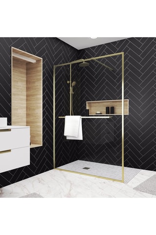 Paroi de douche à l'italienne avec porte-serviette et étagère - Doré brossé - 140 x 200 cm