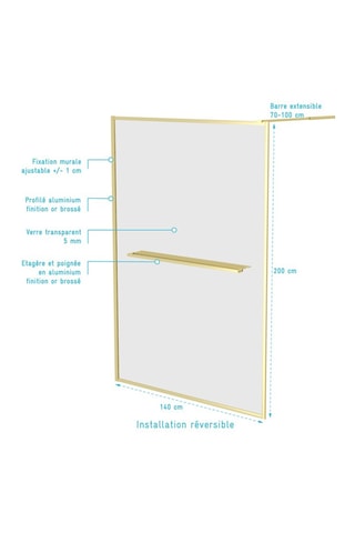 Paroi de douche à l'italienne avec porte-serviette et étagère - Doré brossé - 140 x 200 cm