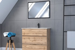 Ensemble meuble de salle de bain 3 tiroirs, vasque en céramique et miroir - Imitation chêne et blanc
