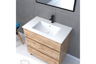 Ensemble meuble de salle de bain 3 tiroirs, vasque en céramique et miroir - Imitation chêne et blanc