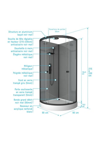 Cabine de douche Foggy - 90 x 90 x 215 cm (230 cm max)