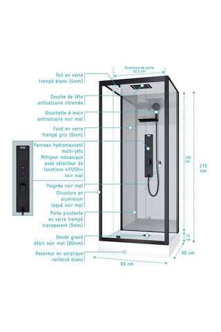 Cabine de douche hydromassante - Noir mat et chromé - 90 x 215 x 90 cm
