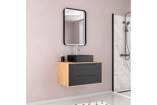 Ensemble meuble de salle de bain suspendu 2 tiroirs et vasque - Noir et imitation chêne