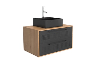 Ensemble meuble de salle de bain suspendu 2 tiroirs et vasque - Noir et imitation chêne