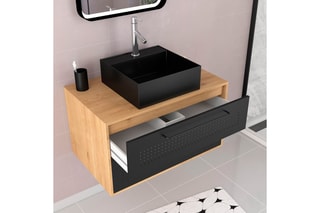 Ensemble meuble de salle de bain suspendu 2 tiroirs et vasque - Noir et imitation chêne