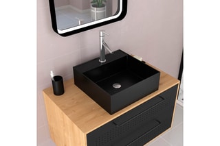 Ensemble meuble de salle de bain suspendu 2 tiroirs et vasque - Noir et imitation chêne