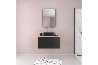 Ensemble meuble de salle de bain suspendu 2 tiroirs et vasque - Noir et imitation chêne