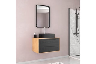 Ensemble meuble de salle de bain suspendu 2 tiroirs, vasque et miroir - Noir et naturelle