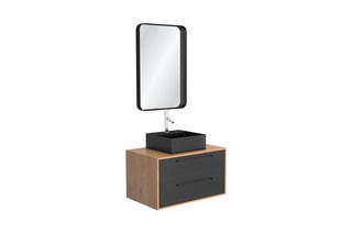 Ensemble meuble de salle de bain suspendu 2 tiroirs, vasque et miroir - Noir et naturelle
